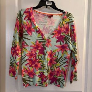 Merona Women's Tropical Floral Cardigan - Pink and Green Sz XS
